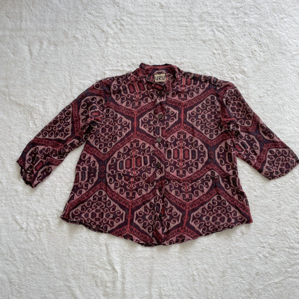 NWT URU 100% Silk Hand Dyed Geometric Print Button Front Top Burgundy One Size